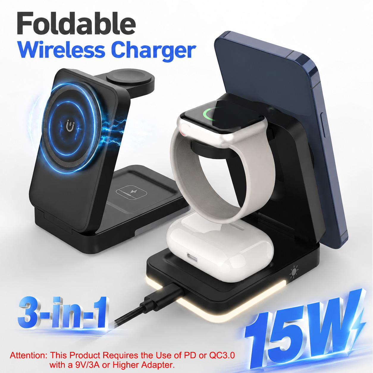 Smartwatch Ac - 3-in-1 Foldable Wireless Charger 15W Magnetic